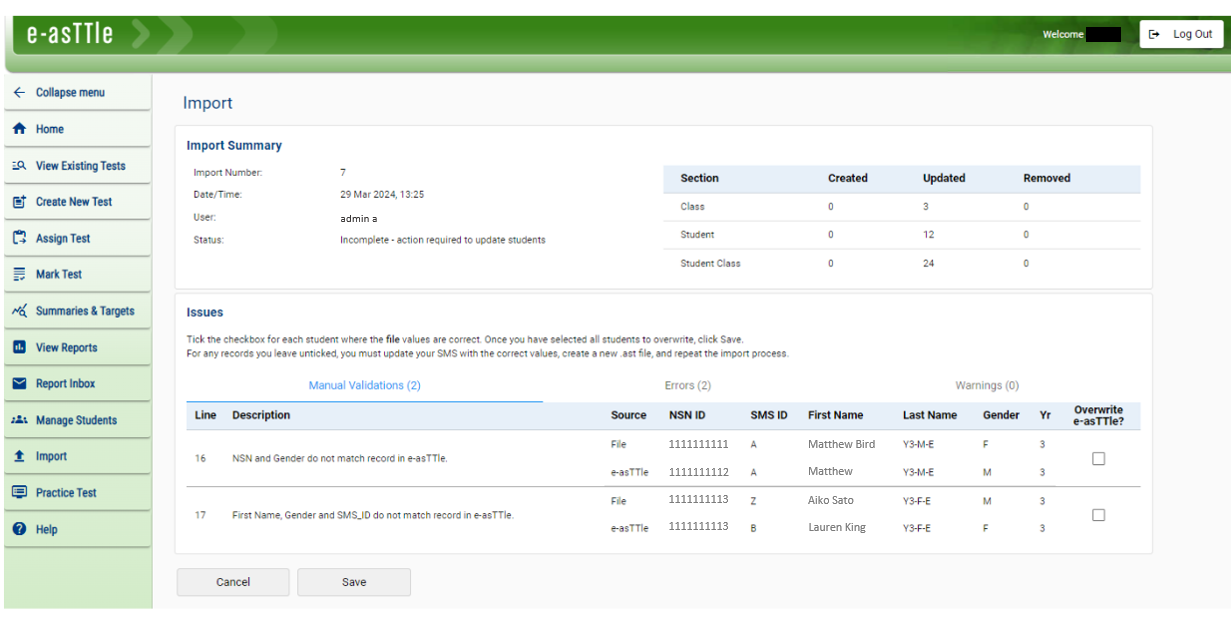 Screenshot of e-asTTle tool showing Import Summary page.