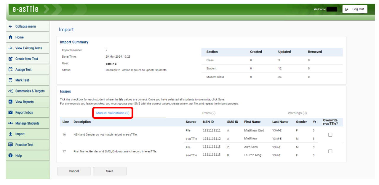 A screenshot of the e-asTTle tool showing the Import Summary page. The ‘Manual Validations’ tab is circled in red.