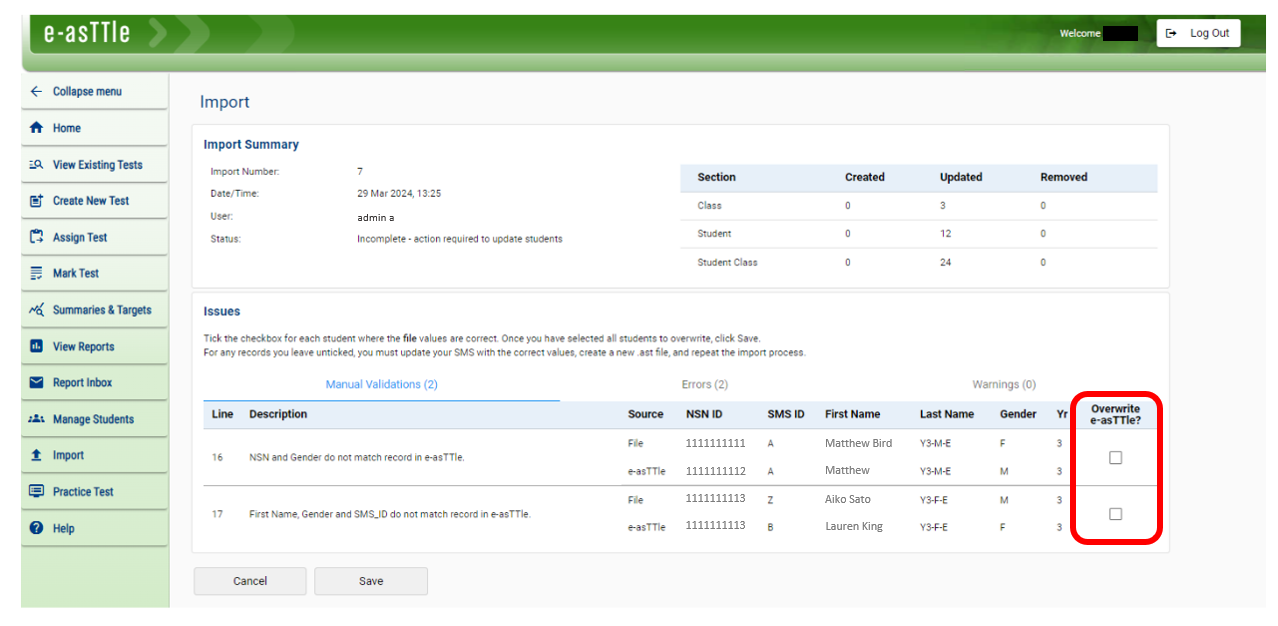 A screenshot of the e-asTTle tool showing the Import Summary page.