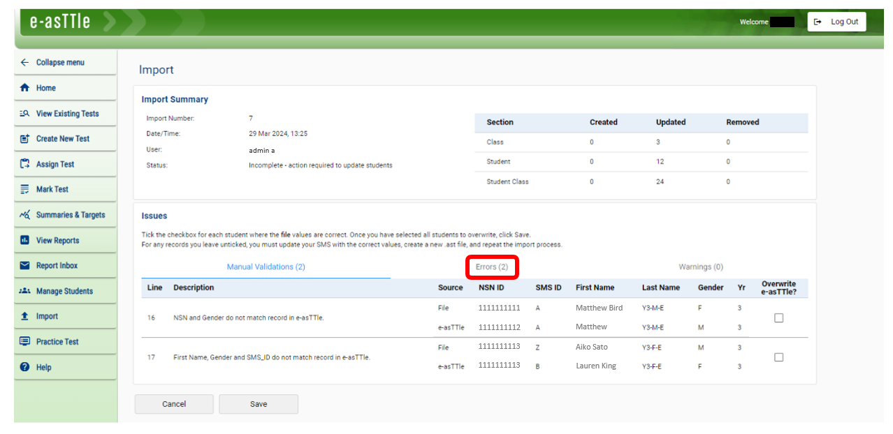 A screenshot of the e-asTTle tool showing the Import Summary page.