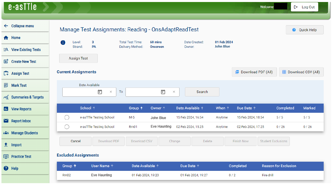 Screenshot of the e-asTTle tool showing a ‘Manage Test Assignments: Reading - OnsAdaptReadTest' page.