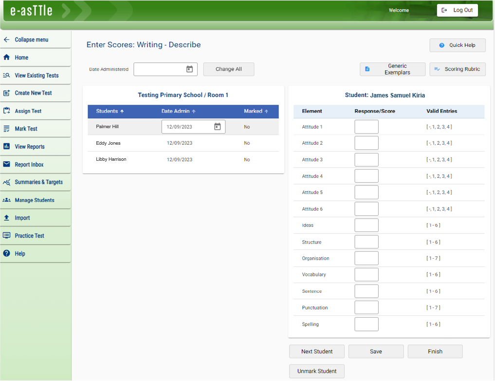 Screenshot of the e-asTTle tool showing a ‘Enter Scores: Writing - Describe’ page.