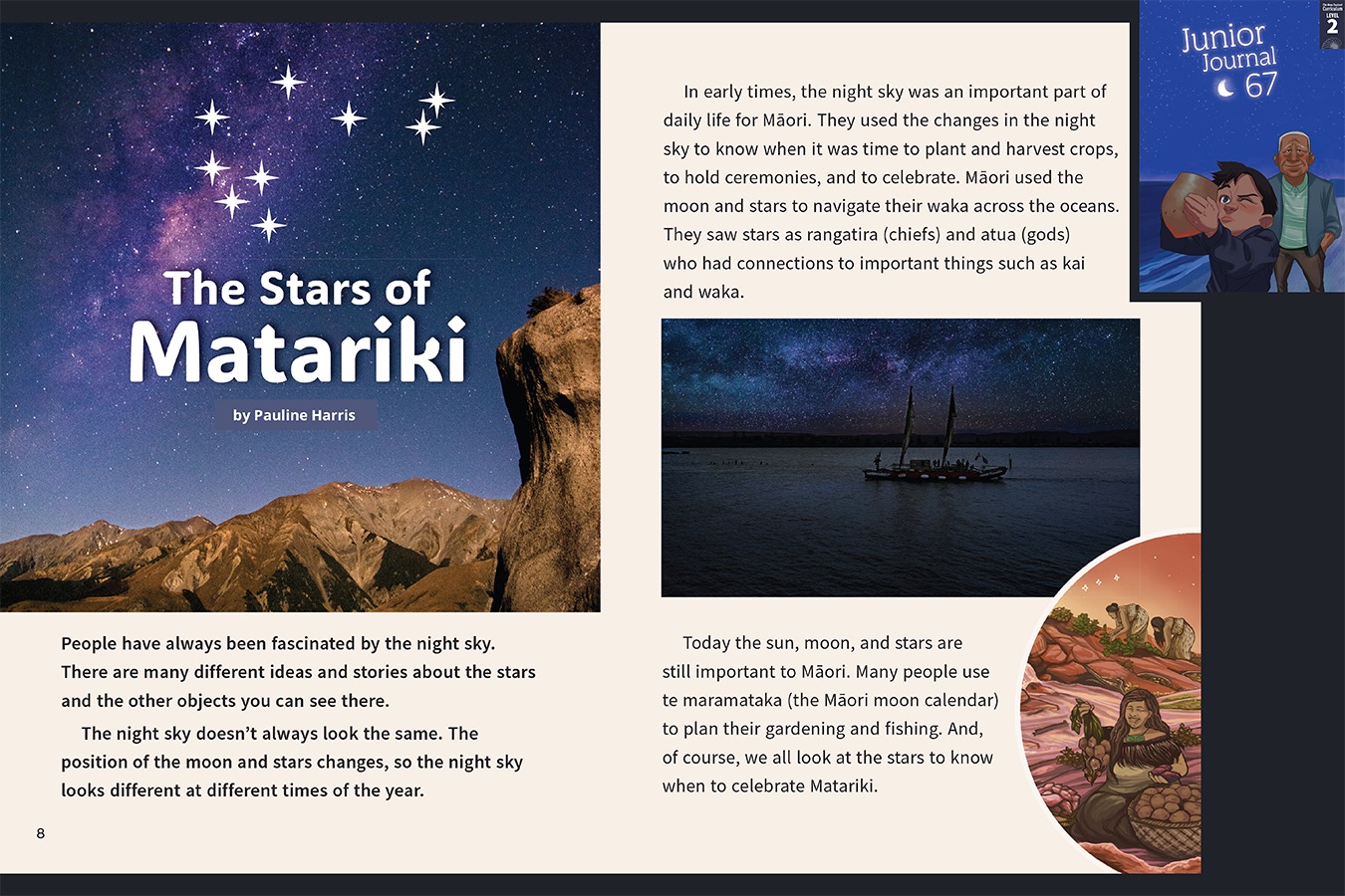 A preview of the article The Stars of Matariki. An image of the Matariki constellation. The cover of Junior Journal 67 June 2024 appears in the corner to indicate this article comes from that journal.