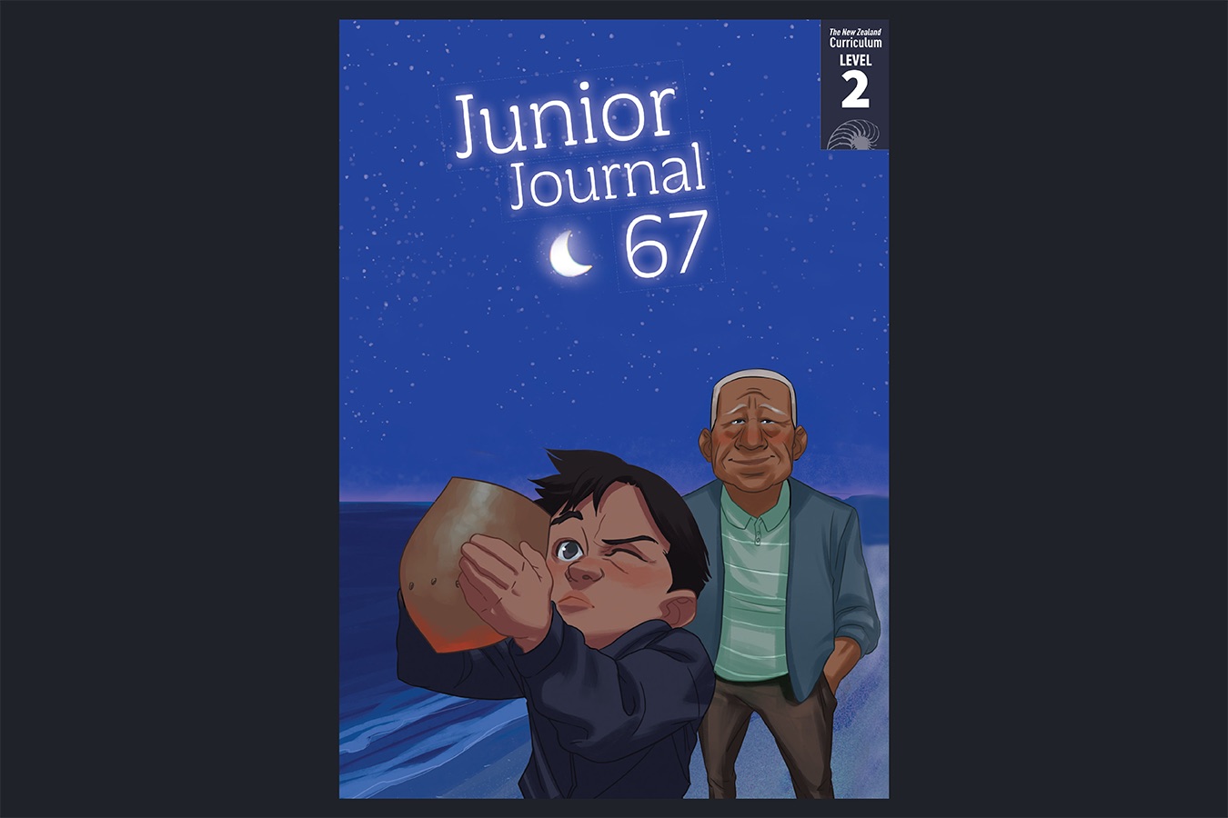 A preview of the cover of the Level 3 School Journal June 2024. An illustration of a boy and his grandfather on the beach at night using a Titiro ‘Ētū  | Star Peeker