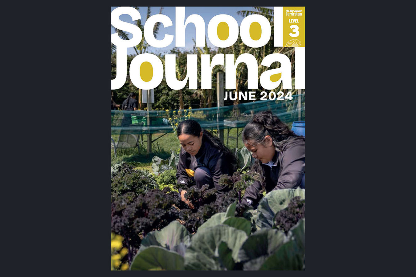 A preview of the cover of the Level 3 School Journal June 2024. Two young wāhine dig in a vegetable garden.