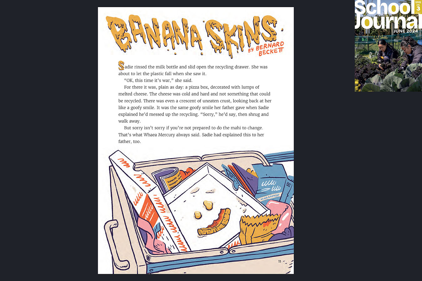 A preview of the story Banana Skins.  A dirty rubbish bin. The cover of Level 3 School Journal June 2024 appears in the corner to indicate which journal this appears in.