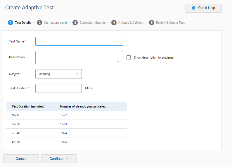 A screenshot of e-asTTle showing Test Details for Create Adaptive Test.