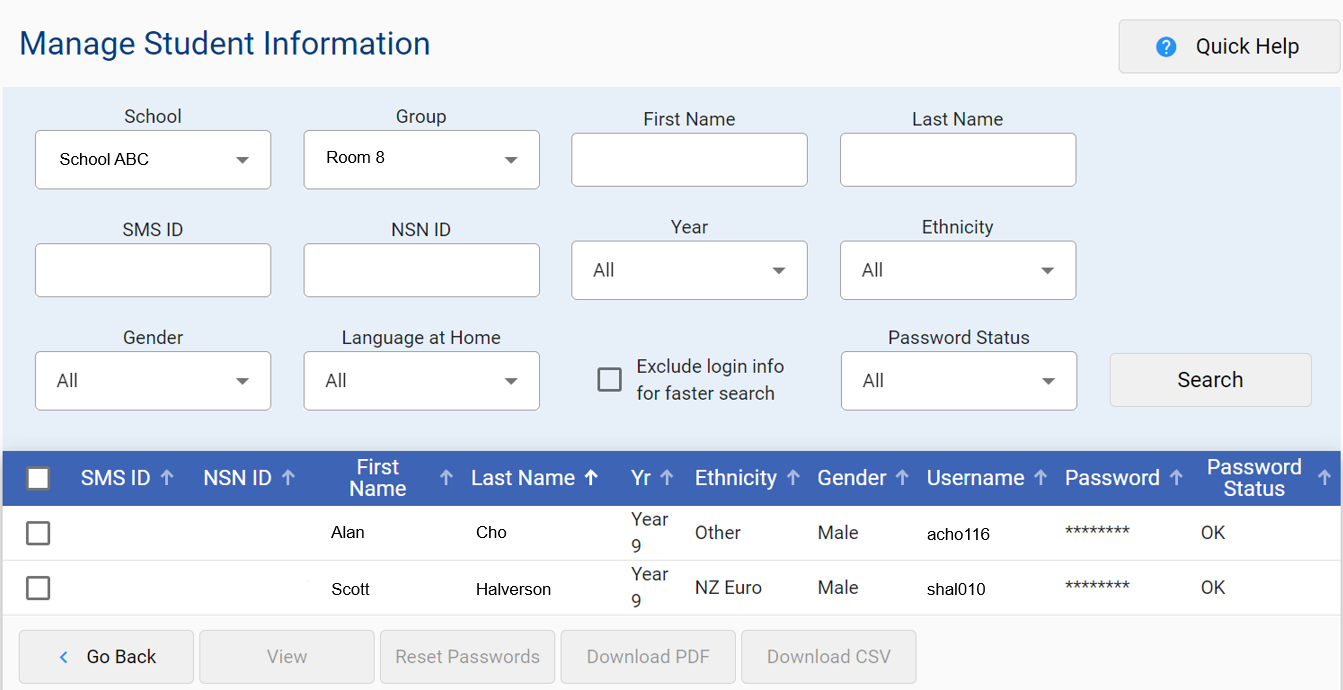 Screenshot of the Managing Student Information section of the e-asTTle tool.