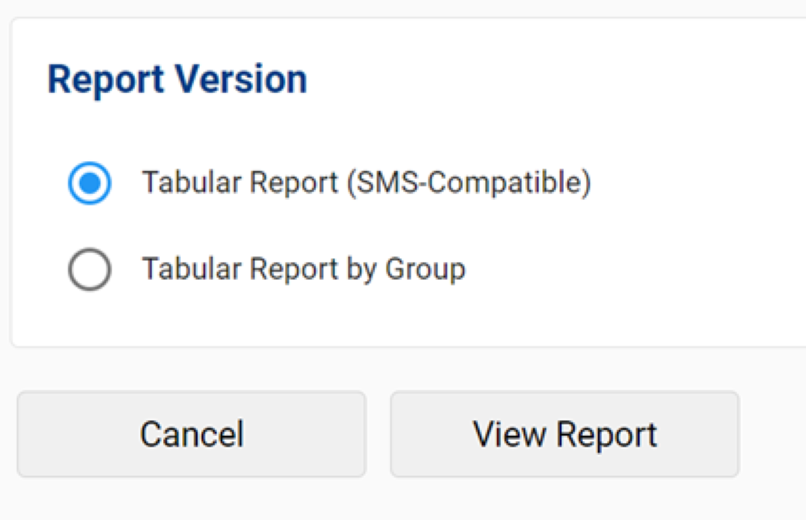 e-asTTle Report Version screen with Tabular Report (SMS-Compatible) radio button selected, and Tabular Report by Group radio button (not selected). Below this are Cancel button and View Report button.