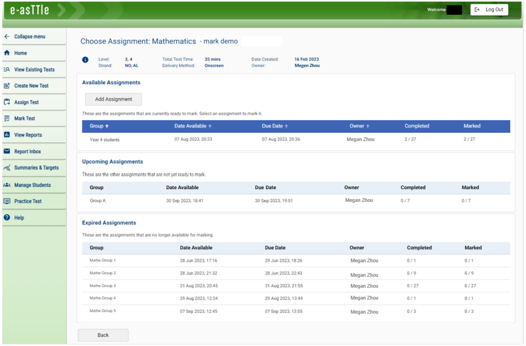 Screenshot of the e-asTTle tool showing the ‘Choose Assignment: Mathematics’ page.