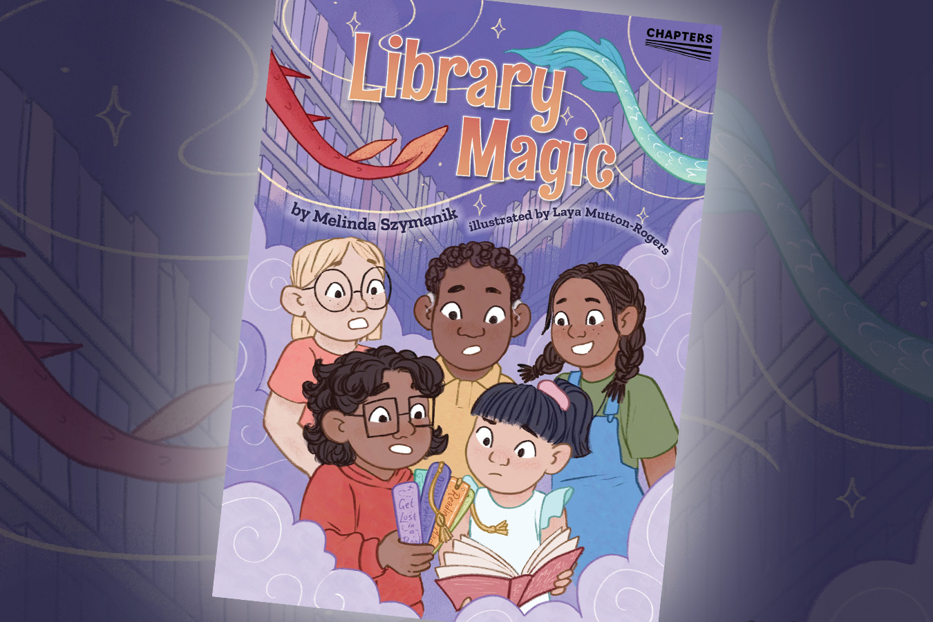 A preview of the cover of Library Magic. An illustration of five kids looking at a book. There are magical puffs of purple smoke around them, and some dragon tails flying off the page.