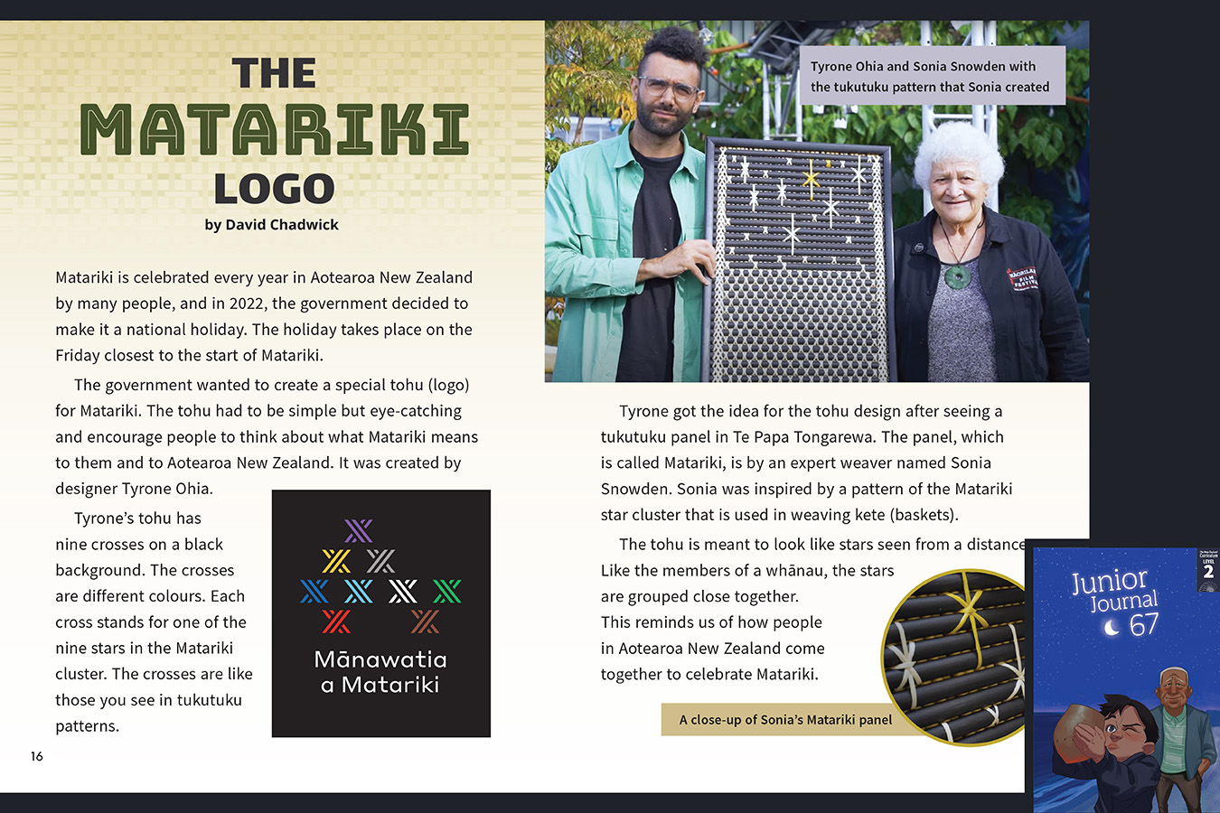 A preview of the article The Matariki Logo. A photo of Tyrone Ohia and Sonia Snowden with a tukutuku panel of the Matariki constellation. The cover of Junior Journal 67 June 2024 in the corner.