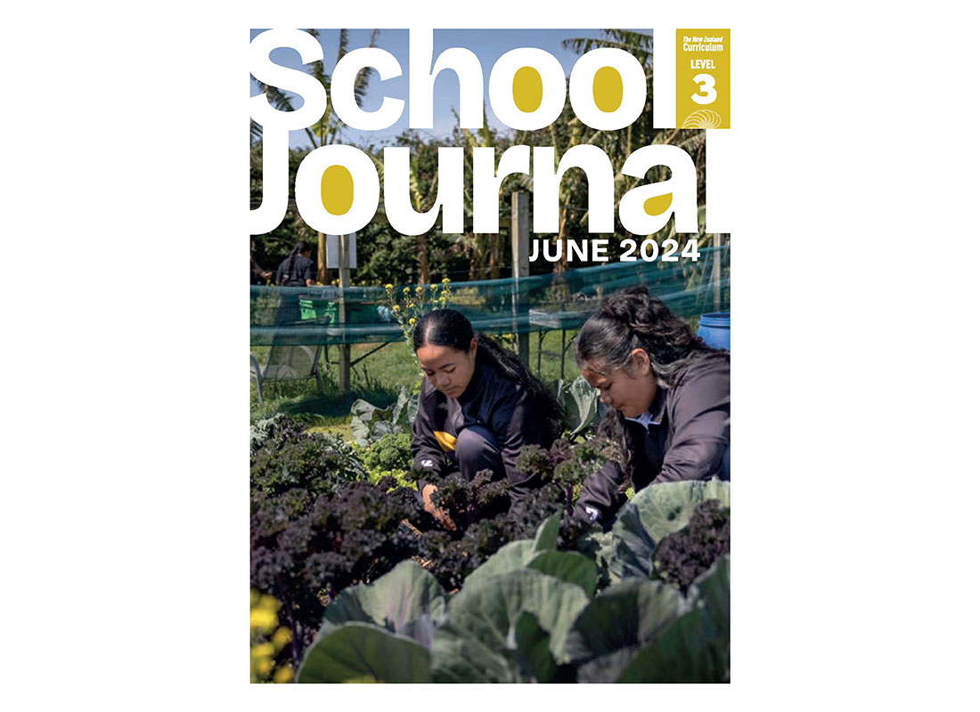 A preview of the cover of the Level 3 School Journal June 2024. Two young wāhine dig in a vegetable garden.