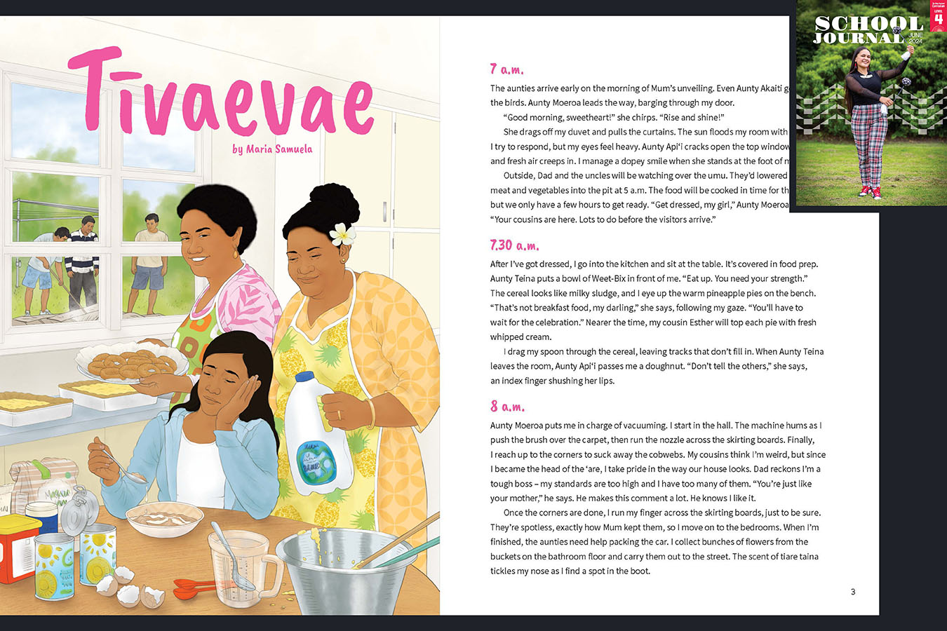 A preview of the story Tivaevae. An illustration of three Pacifica women in a kitchen. The cover of Level 4 School Journal June 2024 appears in the corner to indicate which journal this appears in.