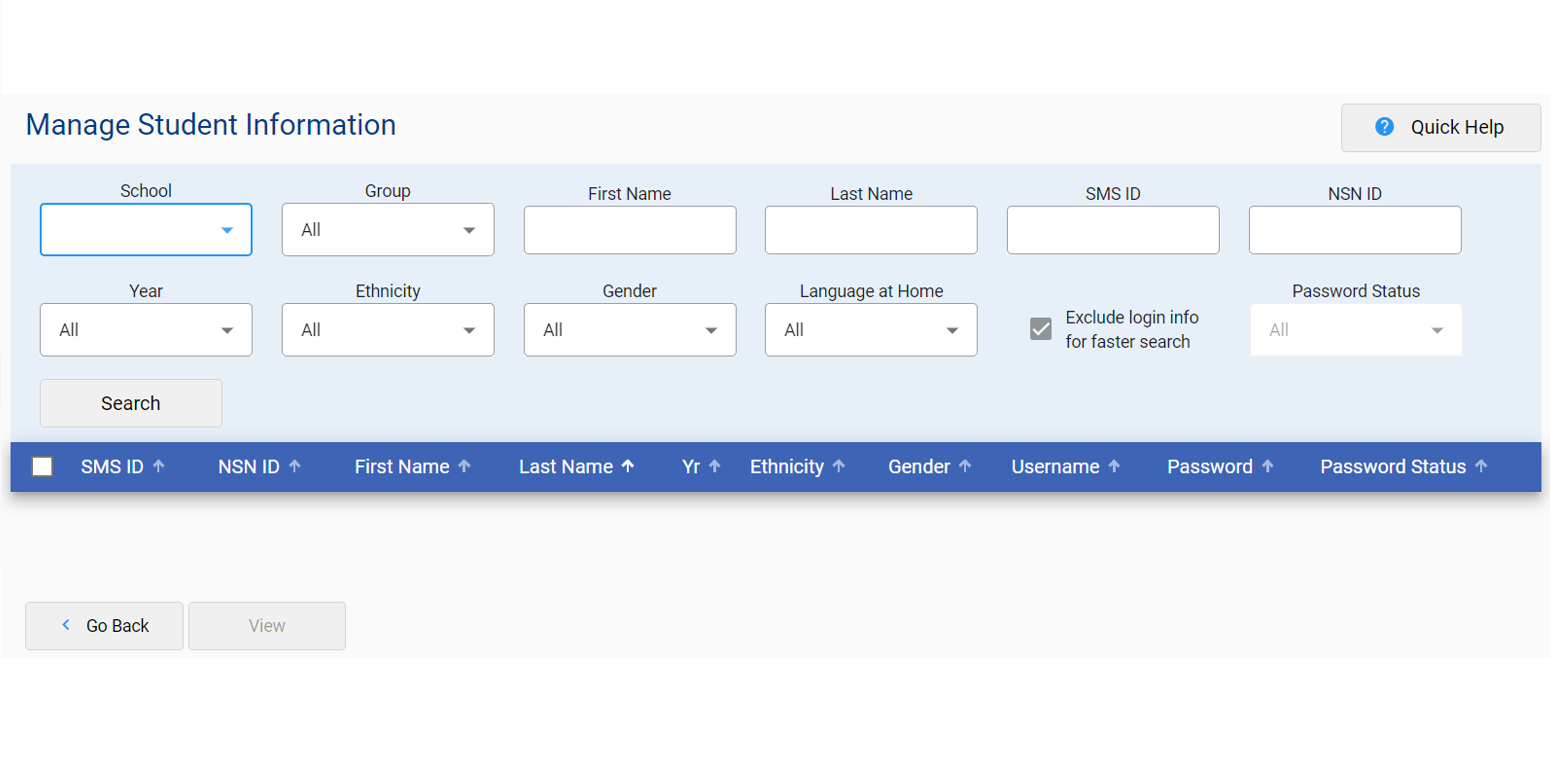 Screenshot of the Manage Student information screen showing various input boxes for student information.