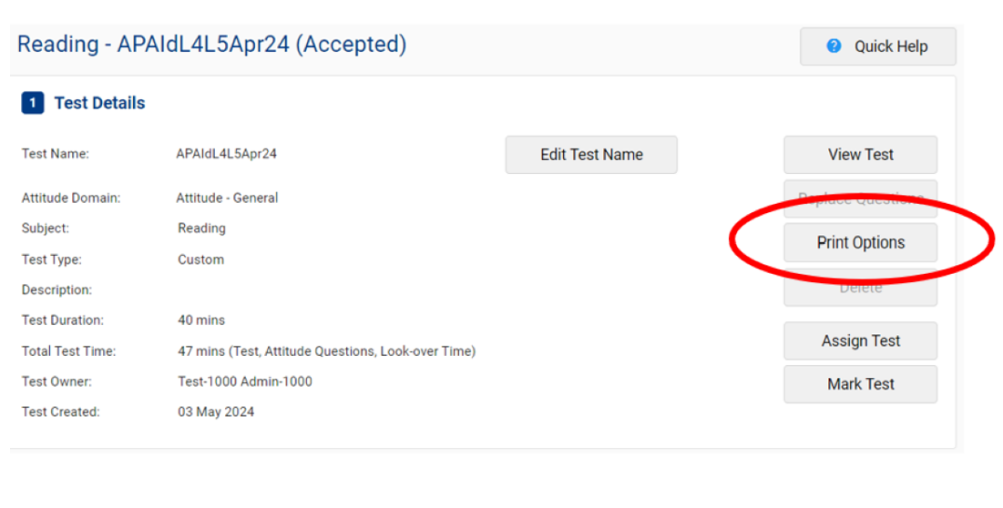 A screenshot showing Test Details. On the right-hand side, there are multiple options. ‘Print Options’ is circled in red..