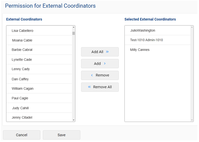 Screenshot of Permission for External Coordinators showing how to add and remove external coordinators.