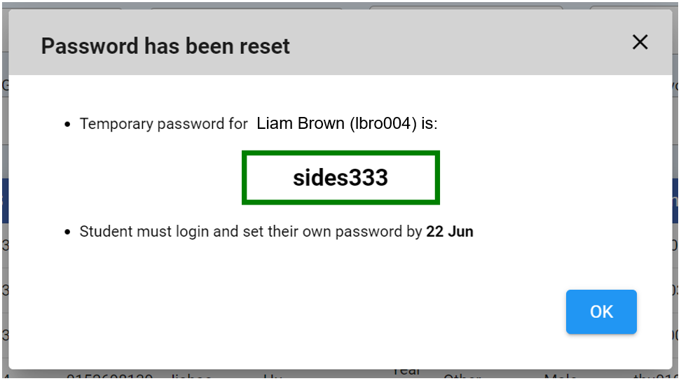 A pop up box confirming that a student password has been reset.