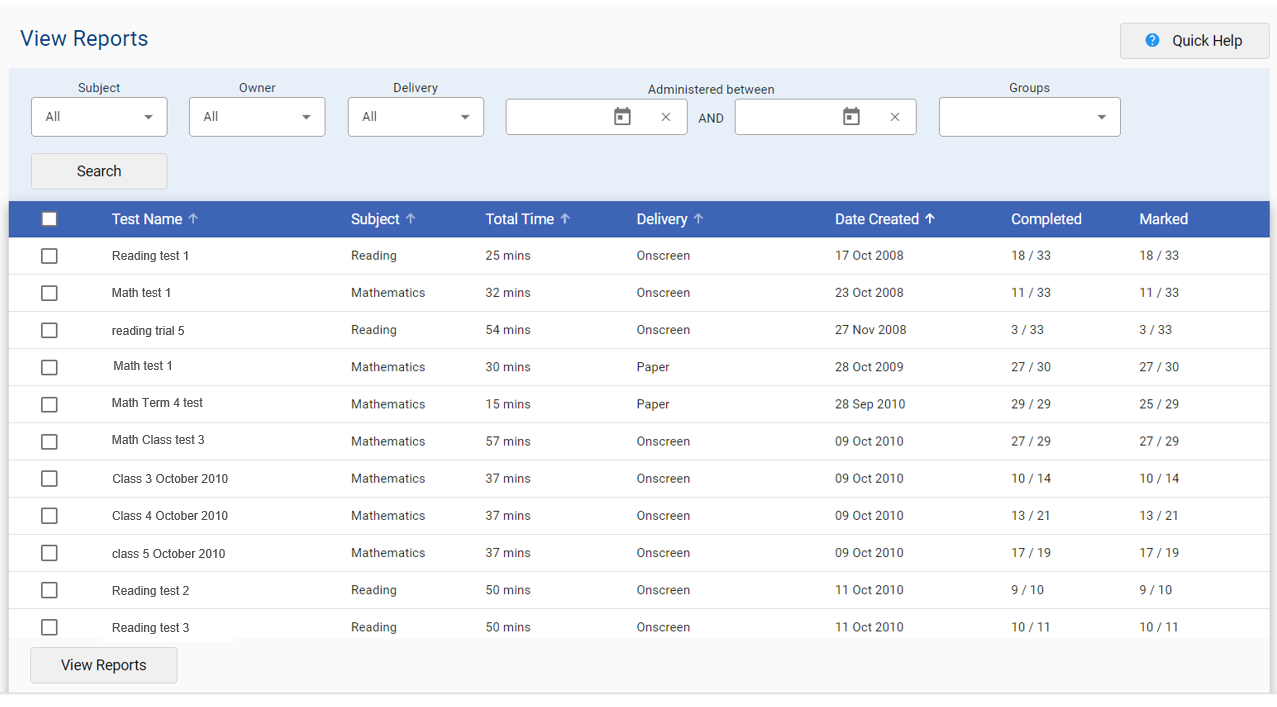 View reports screenshot. Shows layout with for search with the fields: subject, owner, delivery, dates administered between, groups. A search result is displayed. At the bottom of the image is a “View reports button".