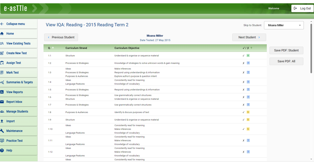 Individual questions analysis report. A table with four columns. Column 1 lists the question number, column 2 lists the CS, column 3 lists the curriculum objective, column 4 displays correct or incorrect along with the colour-coded area symbol.