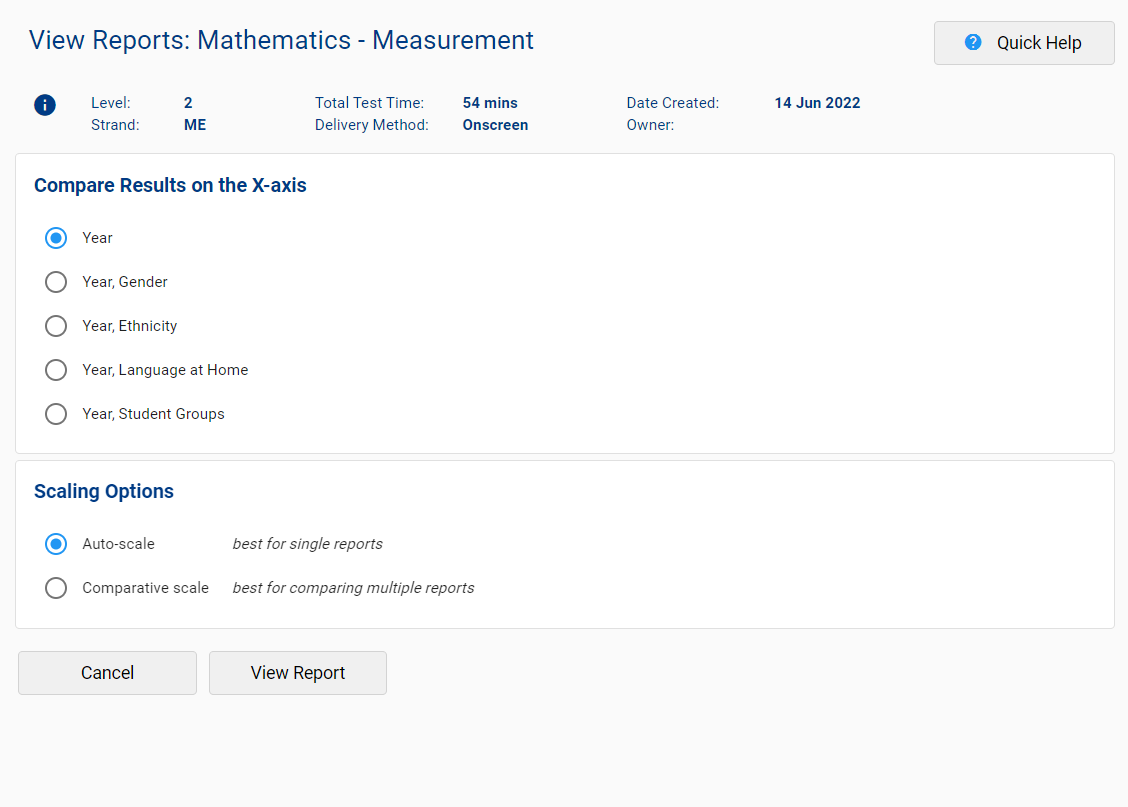 Screenshot of e-asTTle “View reports: Reading 4P English A”.