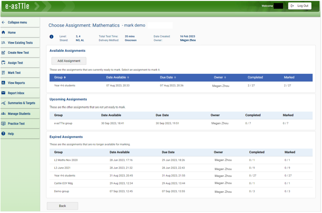 Screenshot of the e-asTTle tool showing the ‘Choose Assignment: Mathematics’ page. Headings on page show Available Assignments, Upcoming Assignments and Expired Assignments with various assignment groups under each.