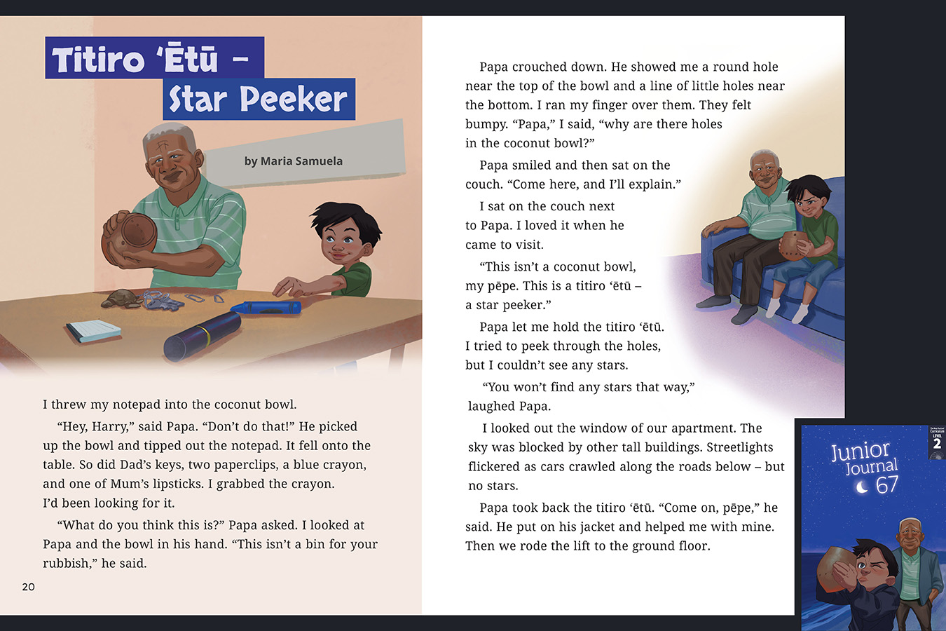 A preview of the story Titiro ‘Ētū - Star Peeker. An illustration of a boy and his grandfather making a Titiro ‘Ētū  | Star Peeker. The cover of Junior Journal 67 June 2024 in the corner.