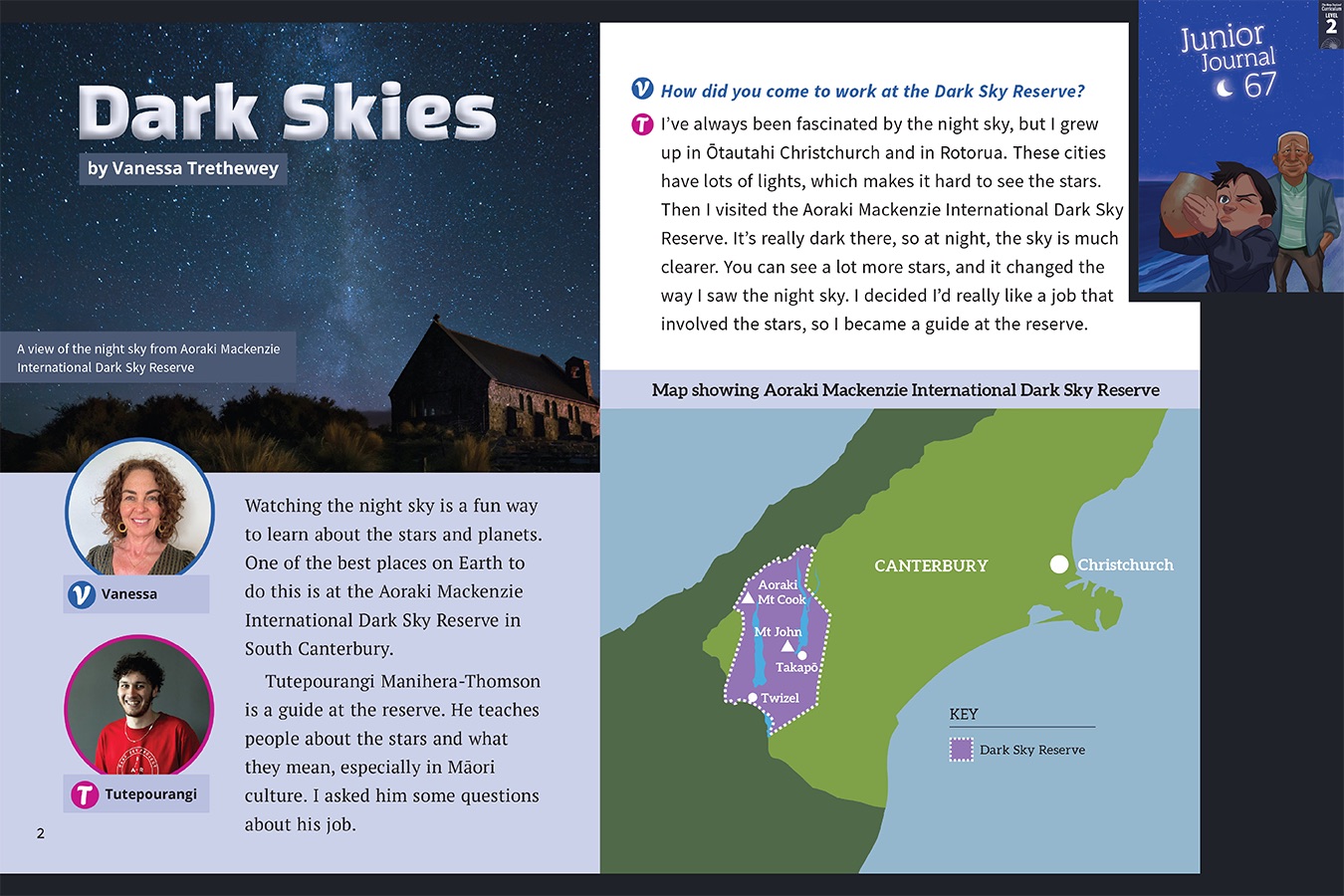 A preview of the article Dark Skies. A photo of a starry night sky. The cover of Junior Journal 67 June 2024 appears in the corner to indicate this article comes from that journal.