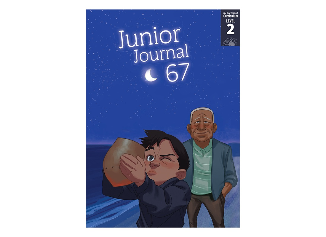 A preview of the cover of Junior Journal 67 Level 2 June 2024. An illustration of a boy and his grandfather on the beach at night using a Titiro ‘Ētū  | Star Peeker.
