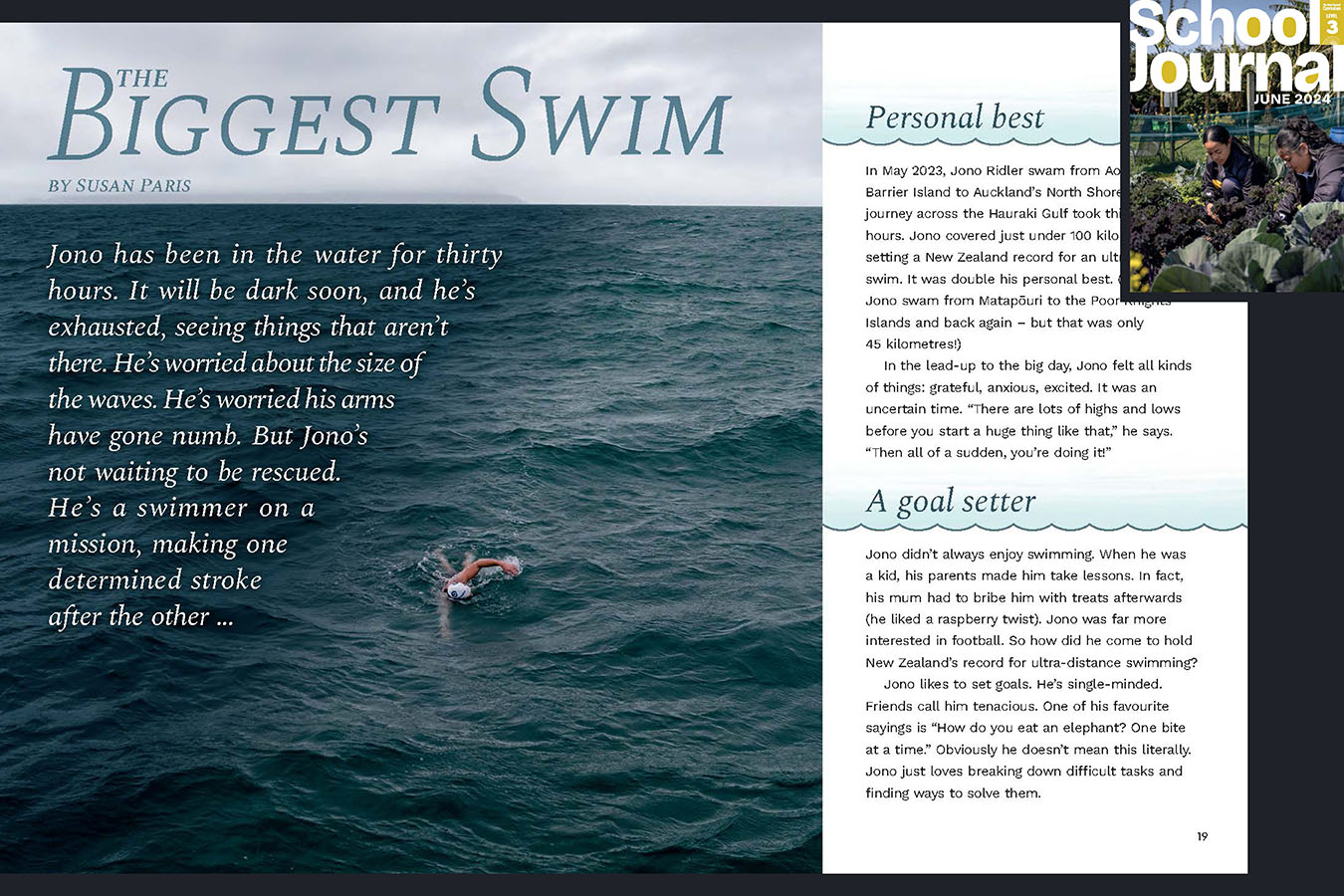 A preview of the article The Biggest Swim.  A single swimmer in the vast ocean. The cover of Level 3 School Journal June 2024 appears in the corner to indicate which journal this appears in.