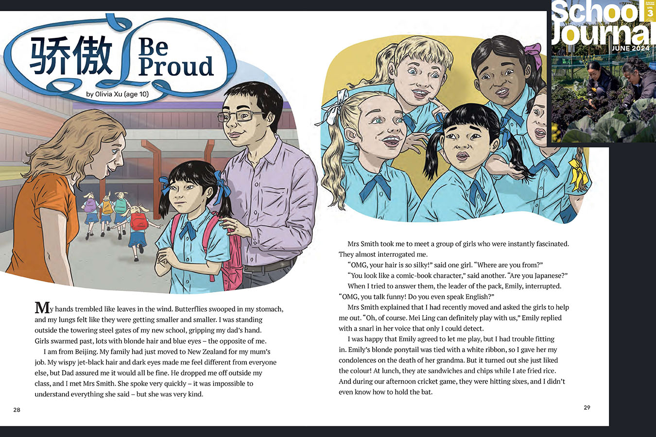 A preview of the story Be Proud.  A schoolgirl on her first day. The cover of Level 3 School Journal June 2024 appears in the corner to indicate which journal this appears in.