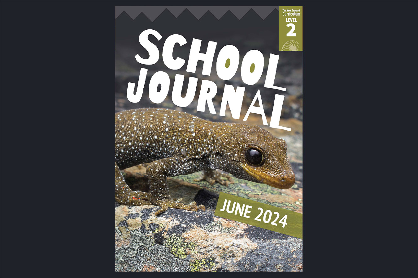 Book cover for School Journal Level 2 June 2024 showing a reptile on the front.