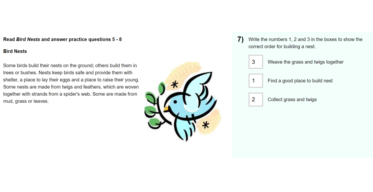 An example of an e-asTTle sequence question. On the left, the text says: “Read Bird Nests and answer practice questions 5-8.