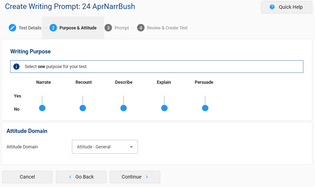 A screenshot of the e-asTTle tool showing the Purpose & Attitude page of Creating a writing prompt.