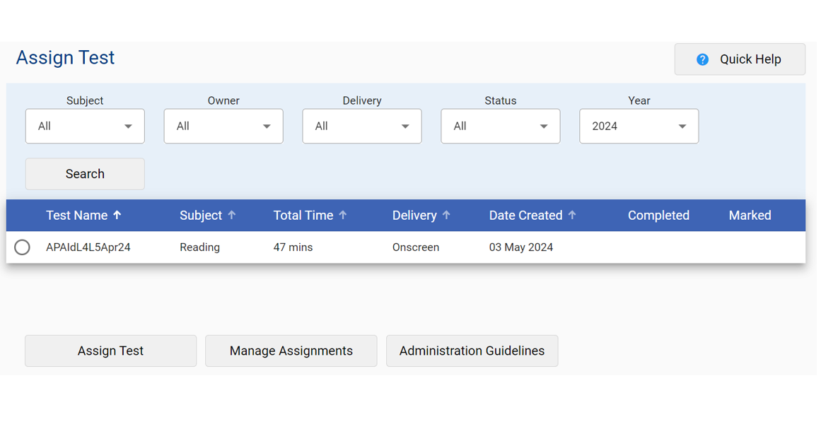 A screenshot of e-asTTle showing the Assign Test menu.