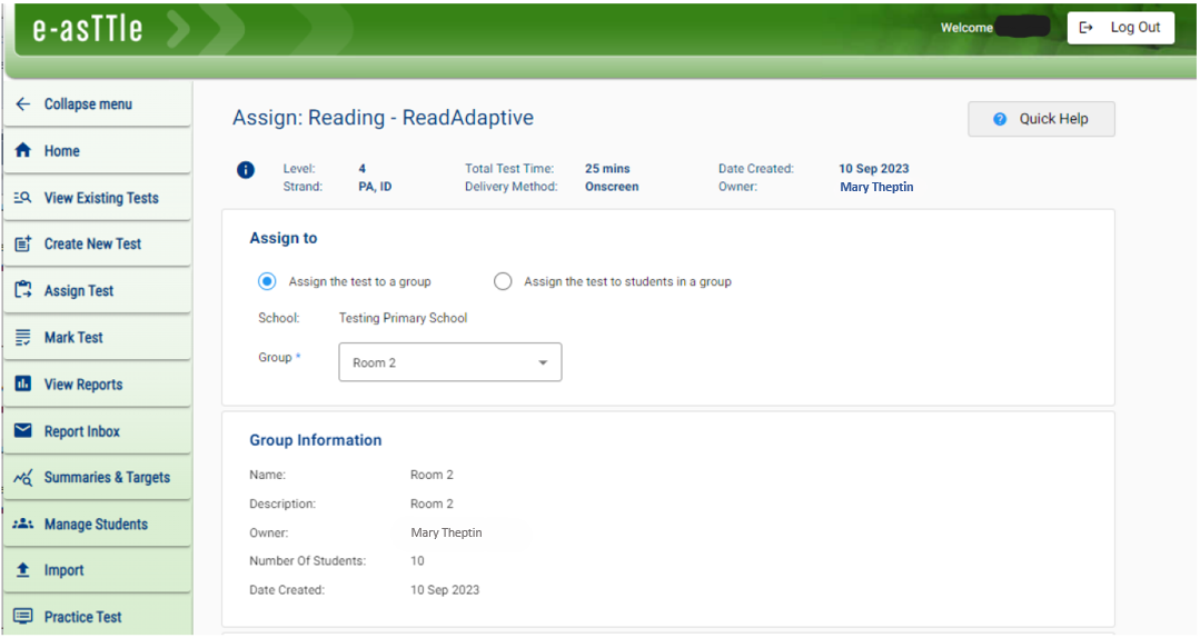 A screenshot of e-asTTle showing the Assign: Reading to a group screen.