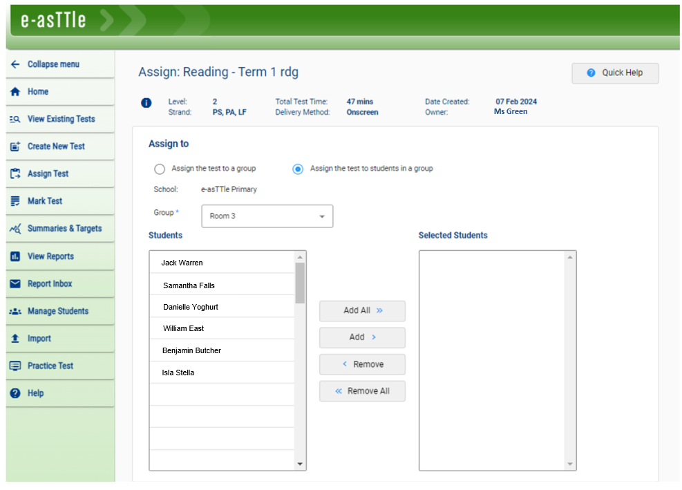 A screenshot of the e-asTTle tool showing the Assign: Reading to a group screen.