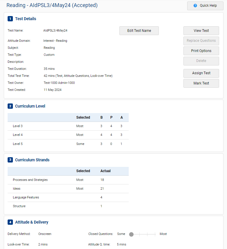 A screenshot of e-asTTle showing test details in reading.