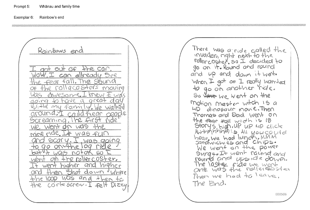 Written student exemplar of family trip to Rainbows end.