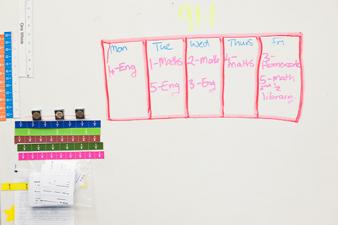 Whiteboard with a weekly timetable of different subjects.