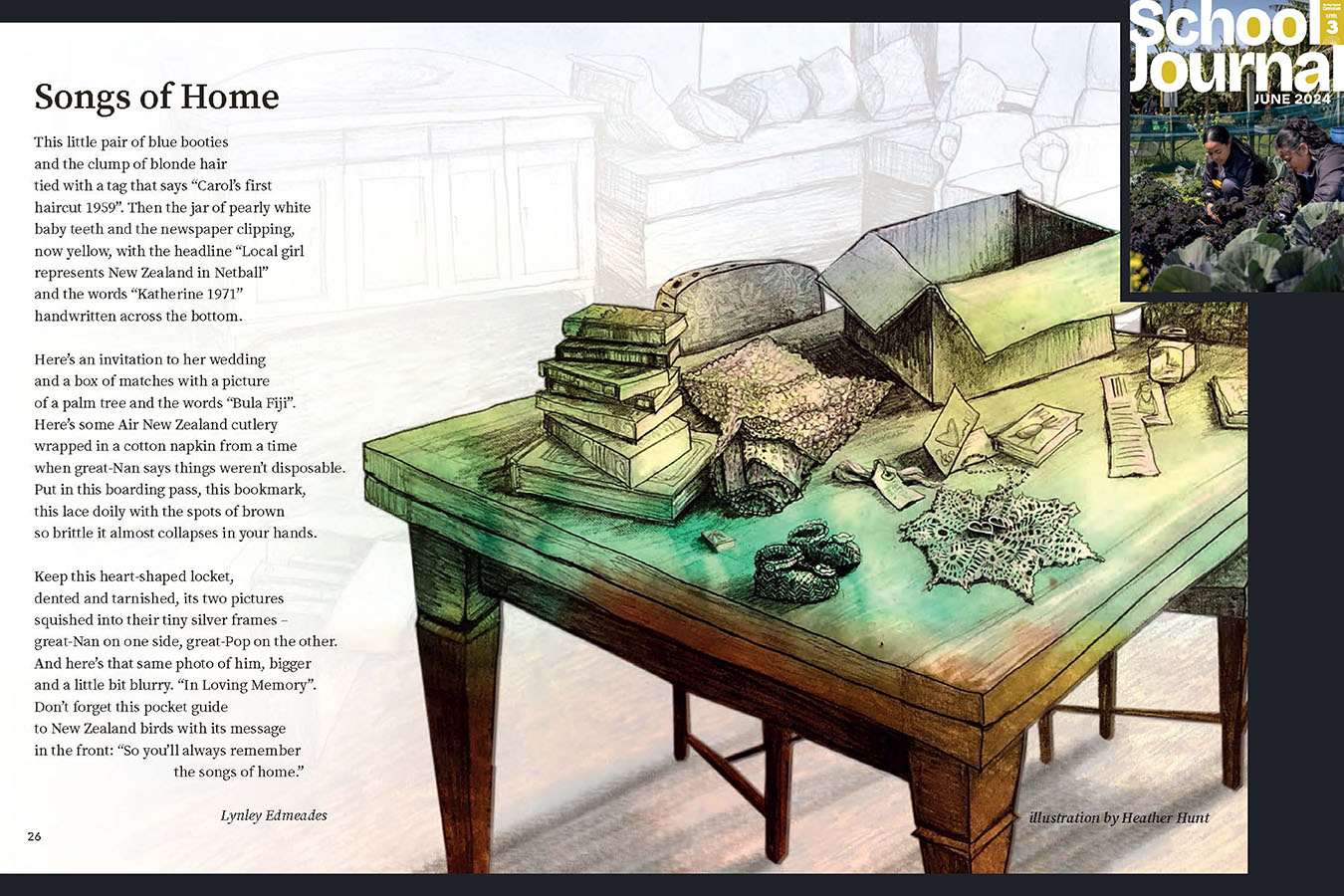 A preview of the poem Songs of Home. An old table with an empty packing box on top. The cover of Level 3 School Journal June 2024 appears in the corner to indicate which journal this appears in.