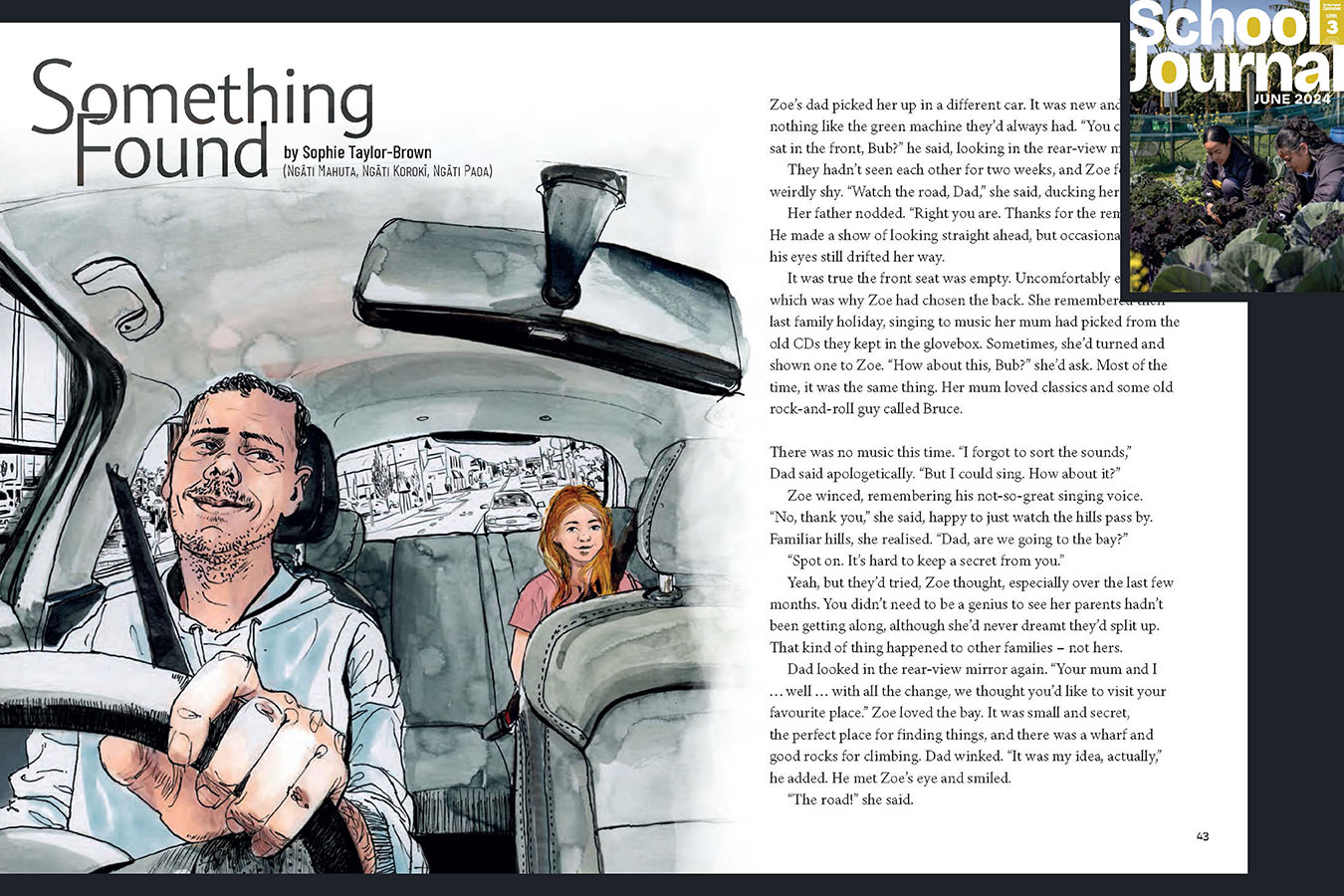 A preview of the story Something Found. A father and daughter in a car. The cover of Level 3 School Journal June 2024 appears in the corner to indicate which journal this appears in.