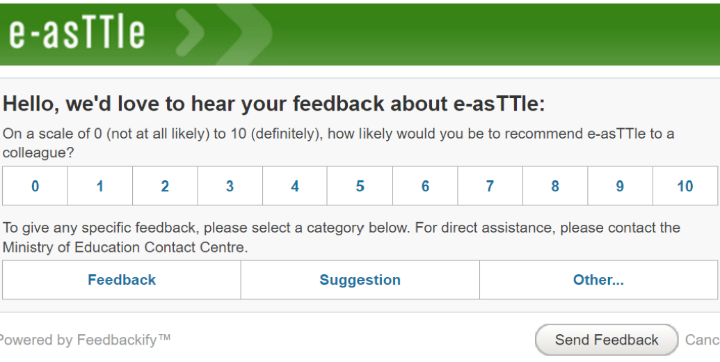 Screenshot of the feedback survey available. This shows a response on a scale of 1-10 of how likely the user is to recommend e-asTTle to a colleague.