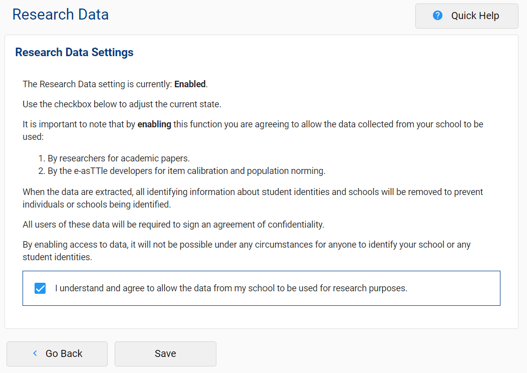 A screenshot of the Research Data settings options.