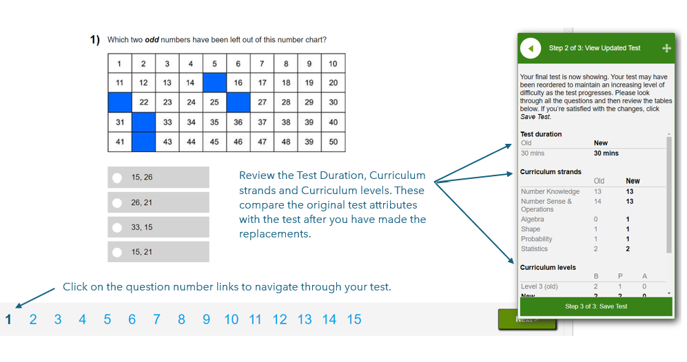 A screenshot showing the second step of replacing questions in a test.