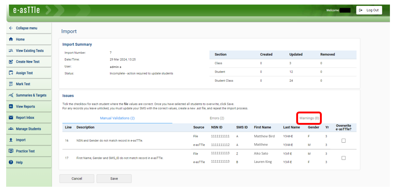 A screenshot of the e-asTTle tool showing the Import Summary page.