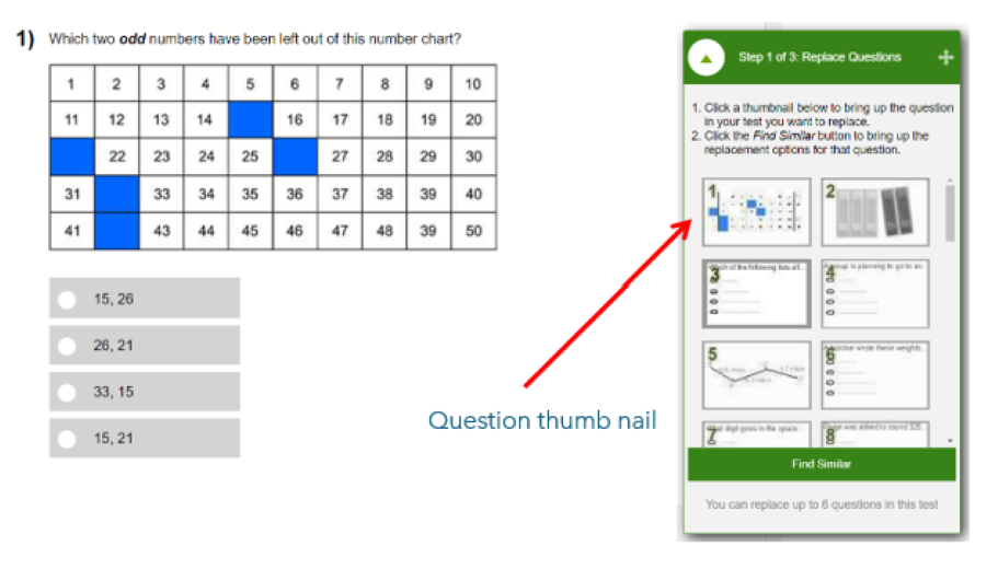 A screenshot showing the first step of replacing questions in a test. A red arrow points to the question thumbnail to be replaced.