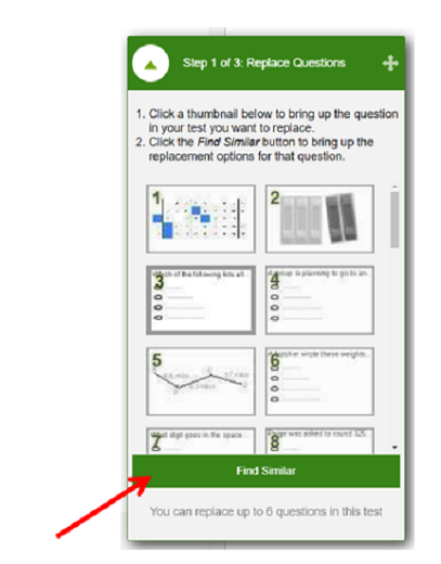 A screenshot showing the first step of replacing questions in a test. A red arrow points to the ‘Find Similar’ bar at the bottom of the toolbar.