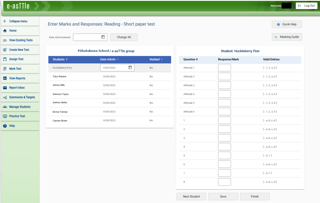 Screenshot of the e-asTTle tool showing a ‘Enter Marks and Responses: Reading – Short paper text’ page.