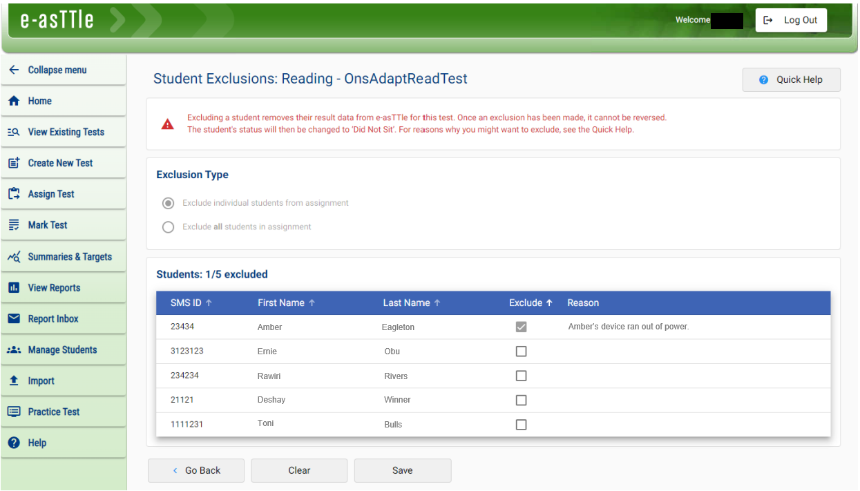 Screenshot of the e-asTTle tool showing a ‘Student Exclusions; Reading – OnsAdaptReadTest' page.